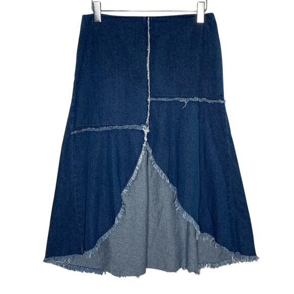 Zara L Womens Midi A-Line Denim Skirt Dark Blue Festival Western Patchwork - Picture 1 of 9